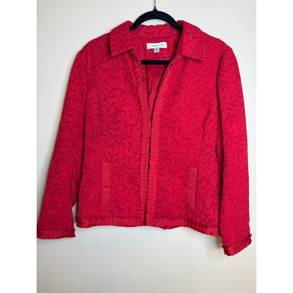 Coldwater Creek Womens PM Red Sparkle Jacquard Jacket Ruffle Trim Holiday